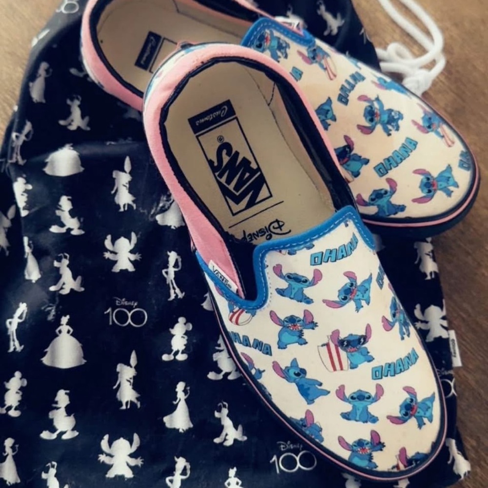 Vans Pink and Blue Slip-On Sneakers with Disney Design